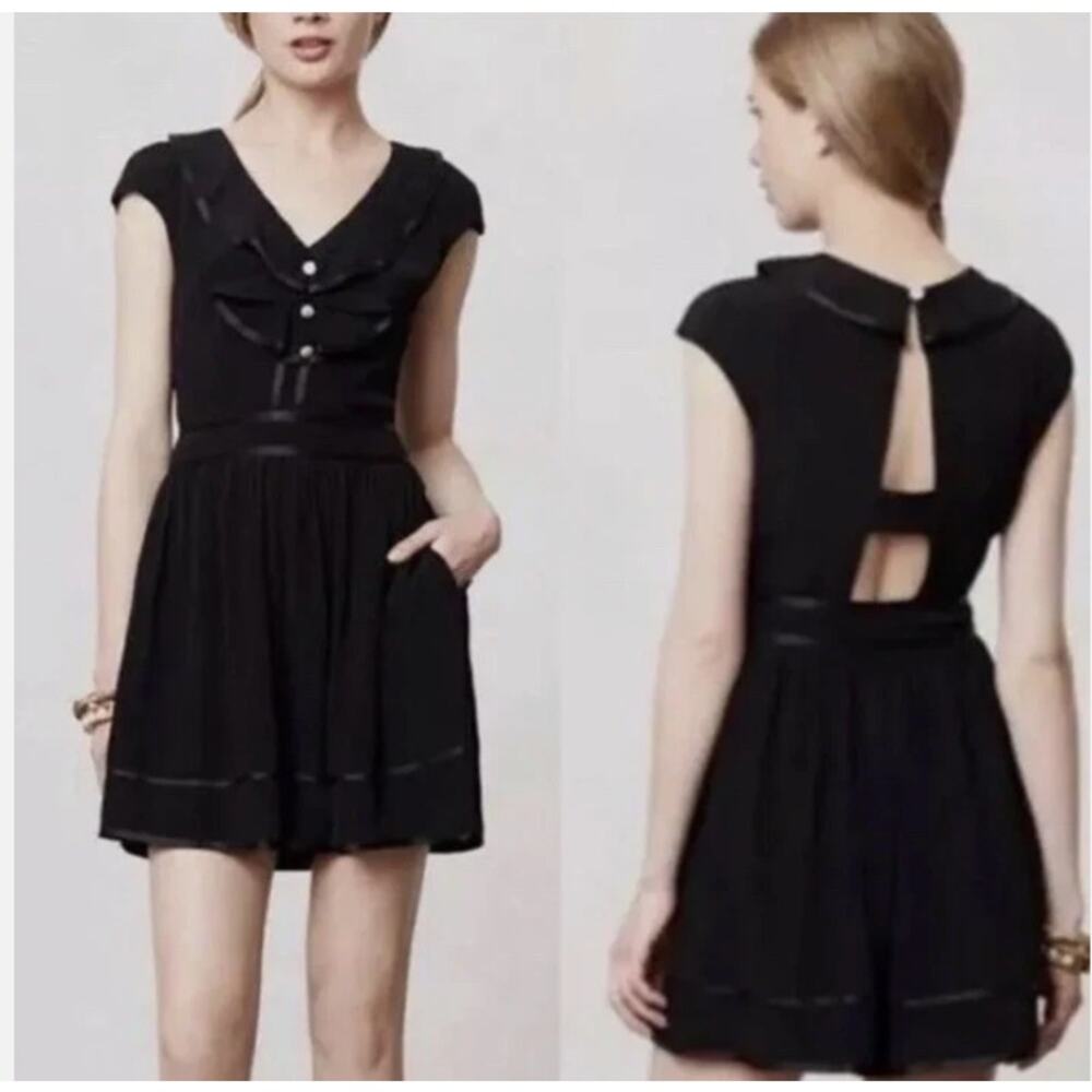 Anthropologie Elevenses Lexa Ruffled Romper Back Cut Out Black Size US 14 NEW